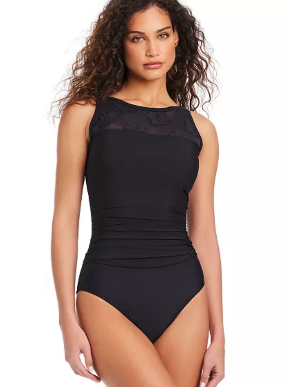 Beyond Control Women's Textured Mesh High-Neck Swimsuit Black NEW